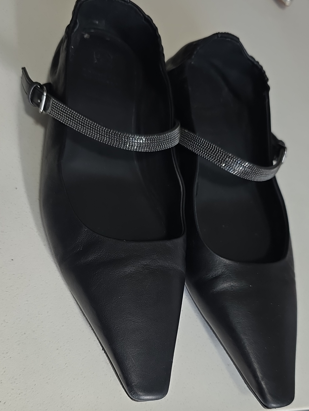 Brunello Cucinelli Squared Pointed Mary Jane Flats Black Embellished Strap 38